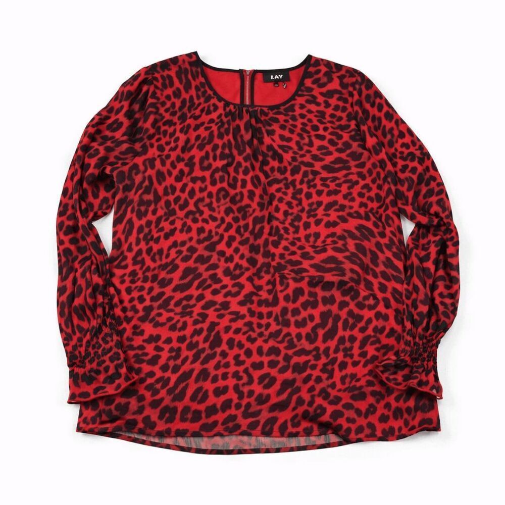 DKNY Leopard Print Blouse Womens Red Black Chiffon Lightweight Statement Top L